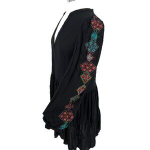 Desigual Ethnic Sleeve Embroidery Print Black Tiered Boho Dress Size Small